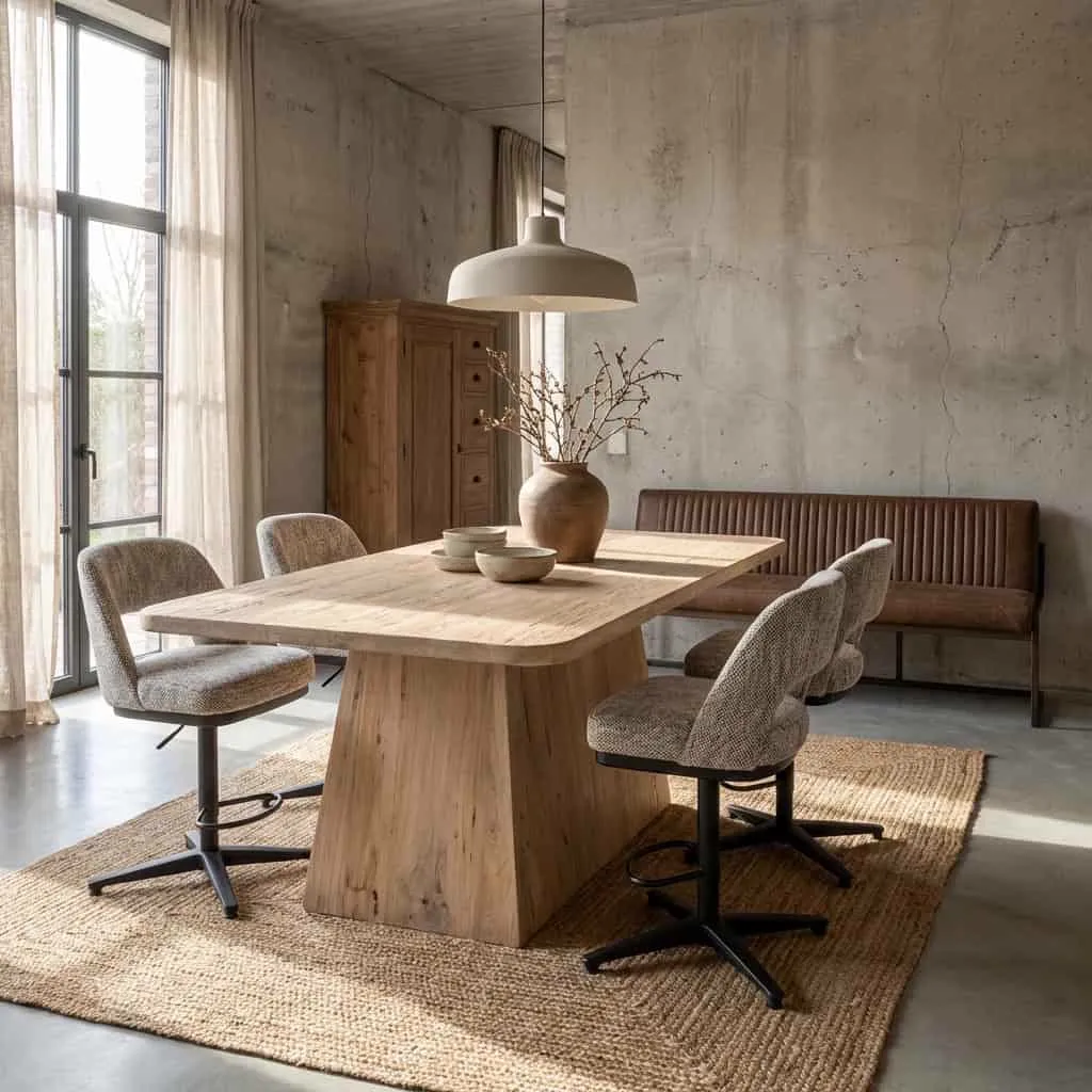 Der Asti Esstisch natur 240 cm in einem stimmungsvollen Esszimmer mit vier Stühlen und einer Bank - Tower Living