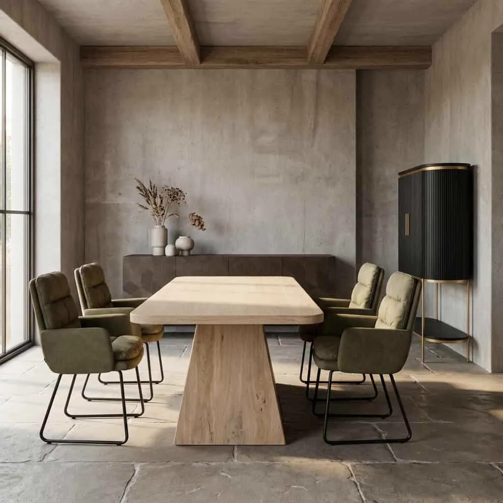 Asti Esstisch natur 260 cm in einem Esszimmer mit olivgrünen Stühlen und Betonwänden - Tower Living