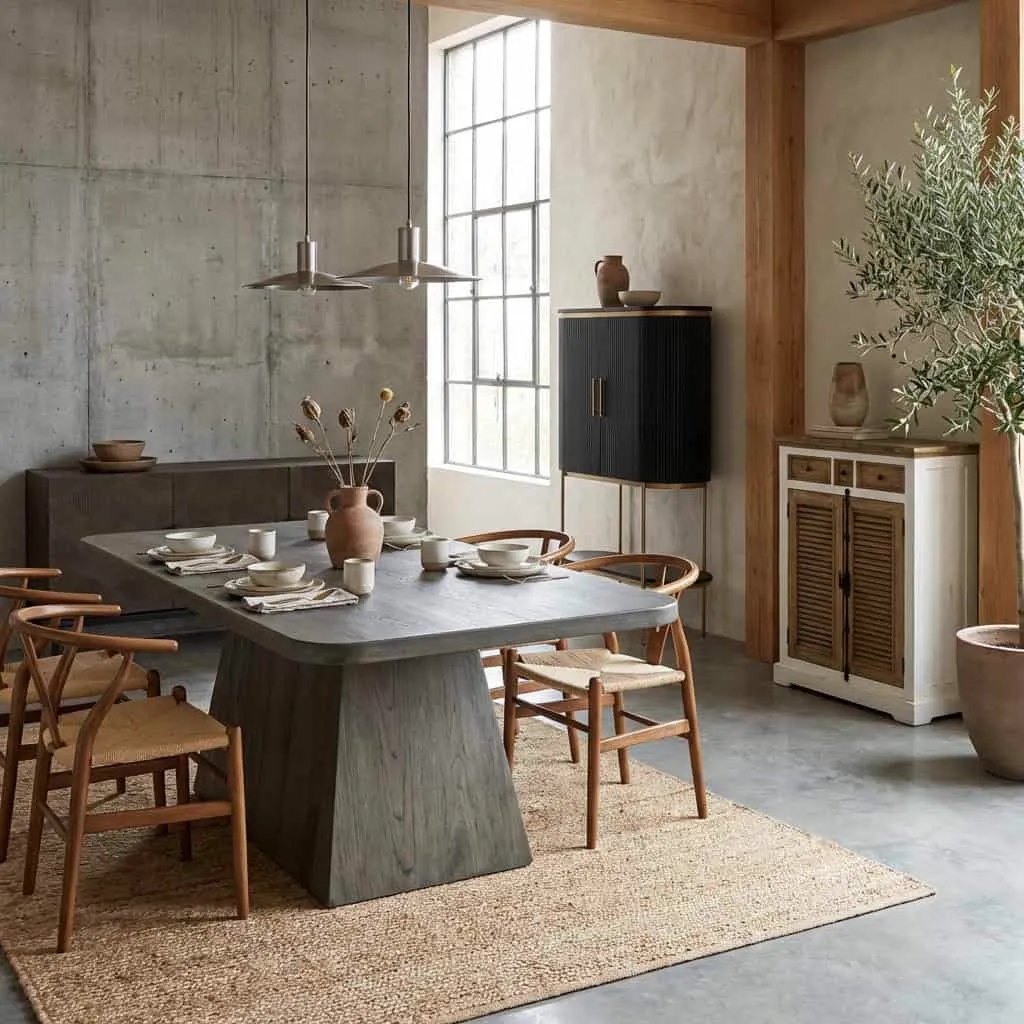 Der Asti Esstisch olivbraun 200 cm in einem stimmungsvollen Esszimmer mit Holzstühlen und Pflanzen - Tower Living