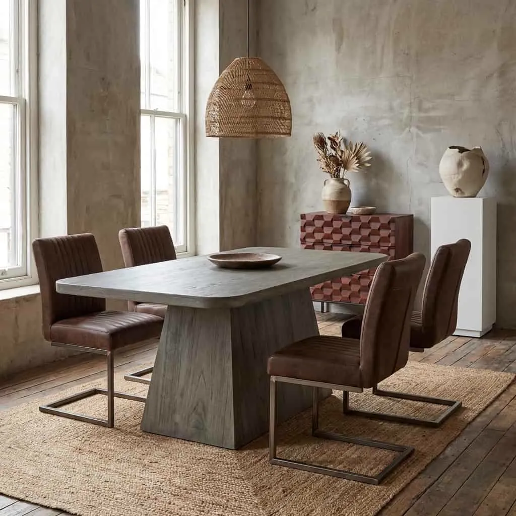 Asti Esstisch olivbraun 220 cm in einem industriellen Esszimmer mit braunen Stühlen und einer Rattanlampe - Tower Living