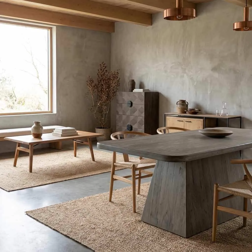 Der Asti Esstisch olivbraun 240 cm in einem stimmungsvollen Esszimmer mit Holzstühlen und Teppichen - Tower Living