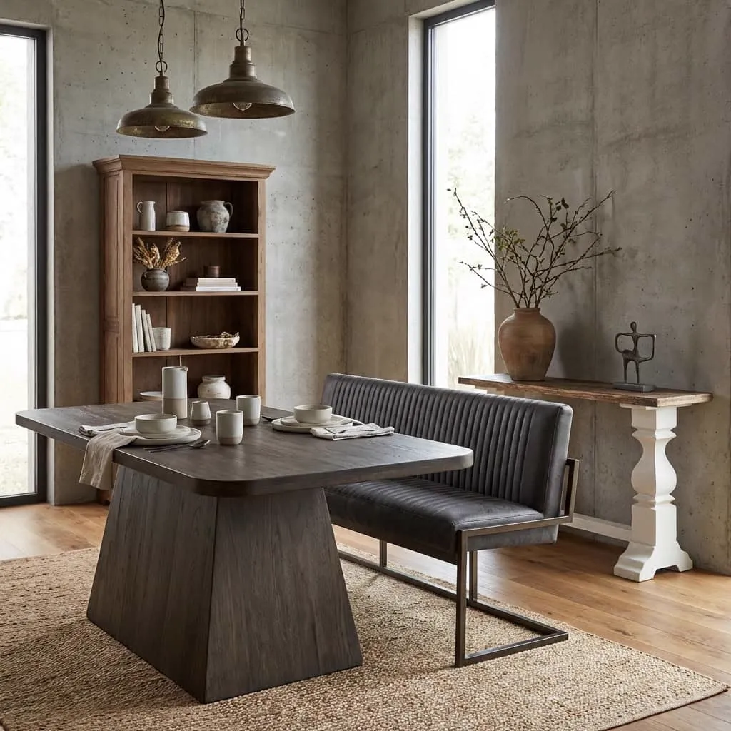 Asti Esstisch olivbraun 260 cm in einem modernen Esszimmer mit Bank und Bücherregal - Tower Living