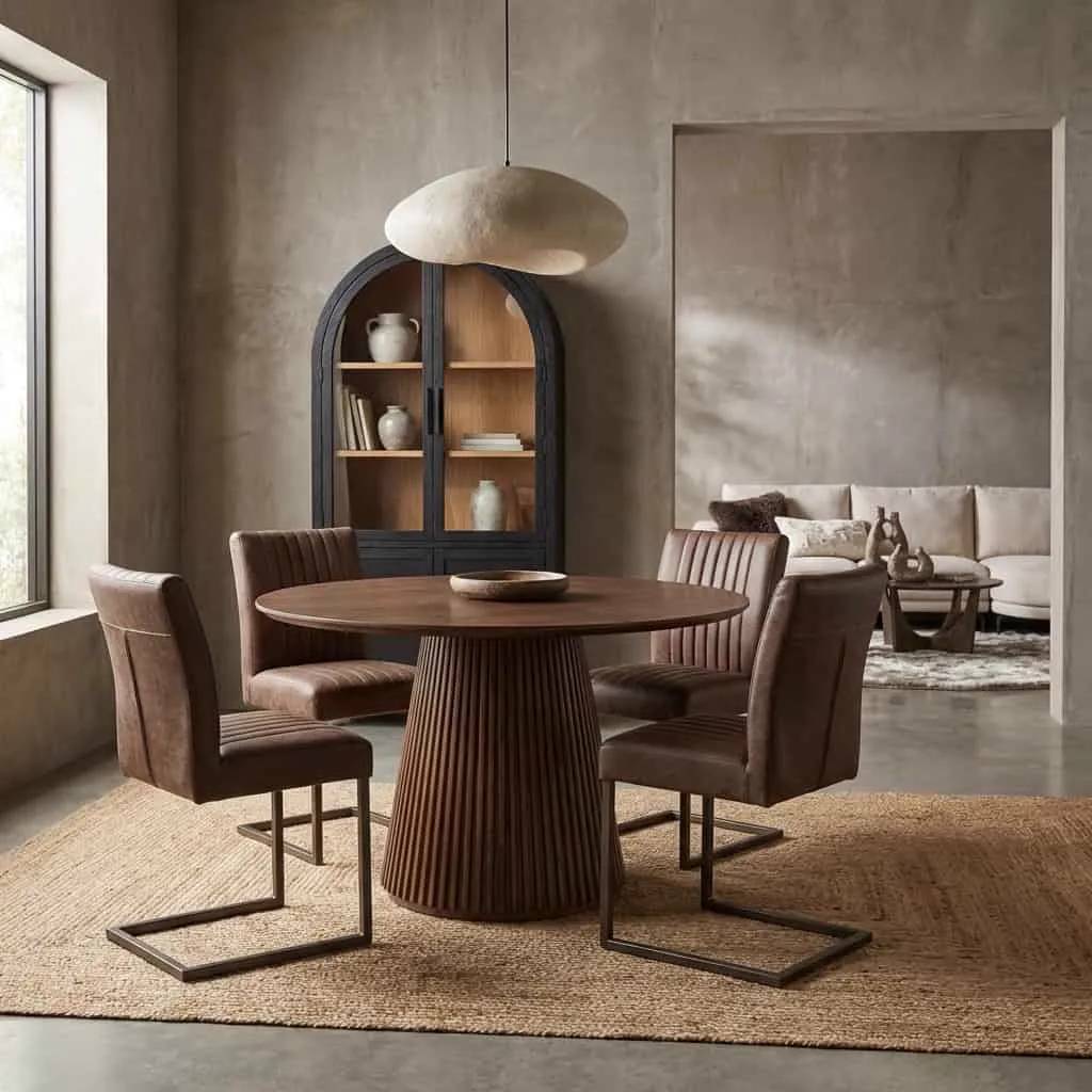 Der Asti Esstisch rund braun 150 cm in einem stimmungsvollen Esszimmer mit vier Stühlen und Teppich - Tower Living