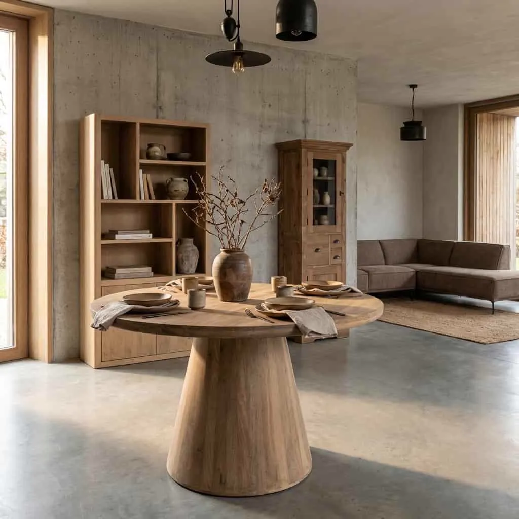 Der Asti Esstisch rund natur 150 cm steht in einem stimmungsvollen Wohnzimmer mit Sofa und Teppich - Tower Living