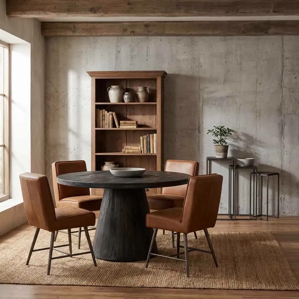 Der Asti Esstisch rund schwarz 150 cm steht in einem stimmungsvollen Esszimmer mit braunen Stühlen und einem hölzernen Bücherregal - Tower Living