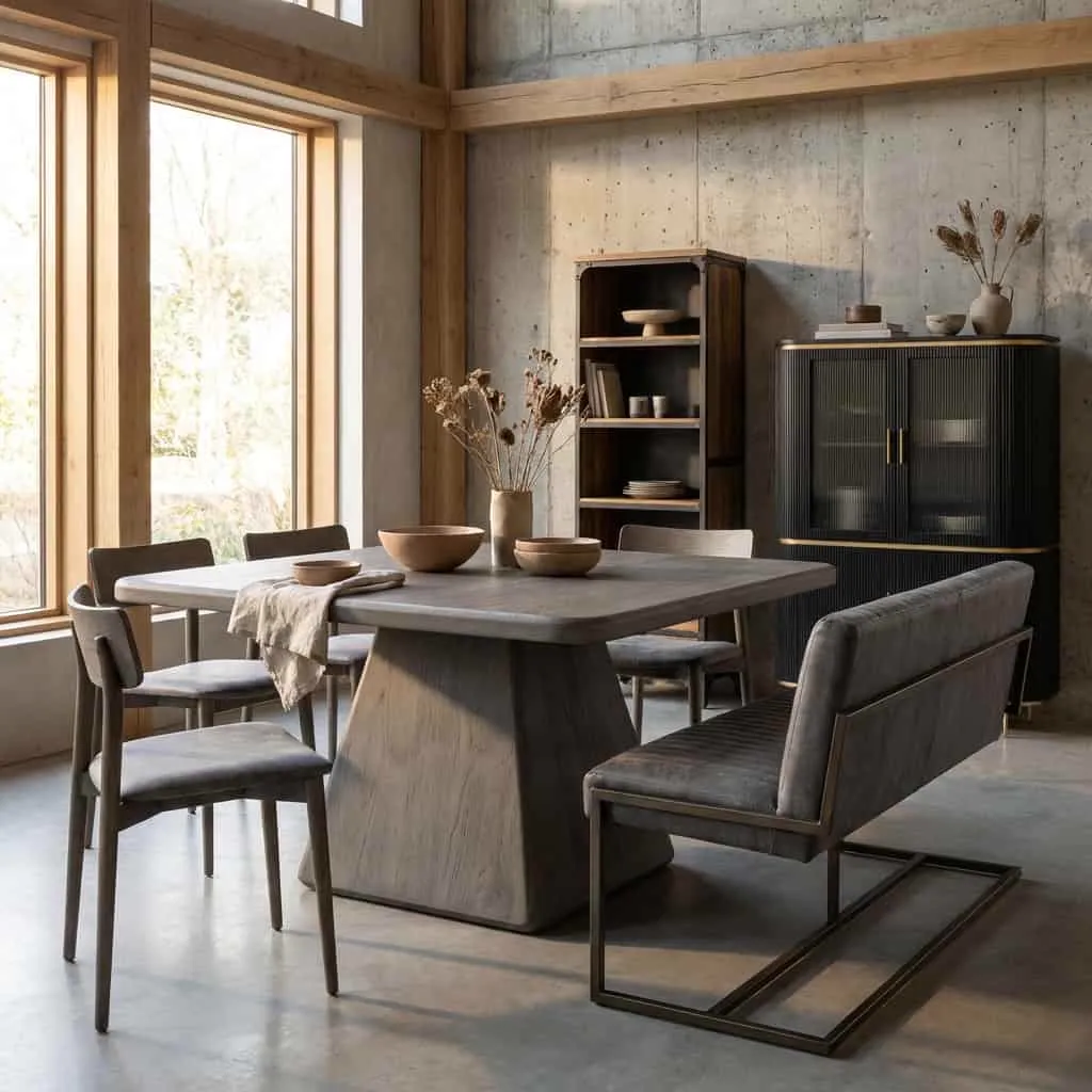 Der Asti Esstisch quadratisch olivbraun 150 cm in einem modernen Esszimmer mit Holzbalken und Betonwänden - Tower Living