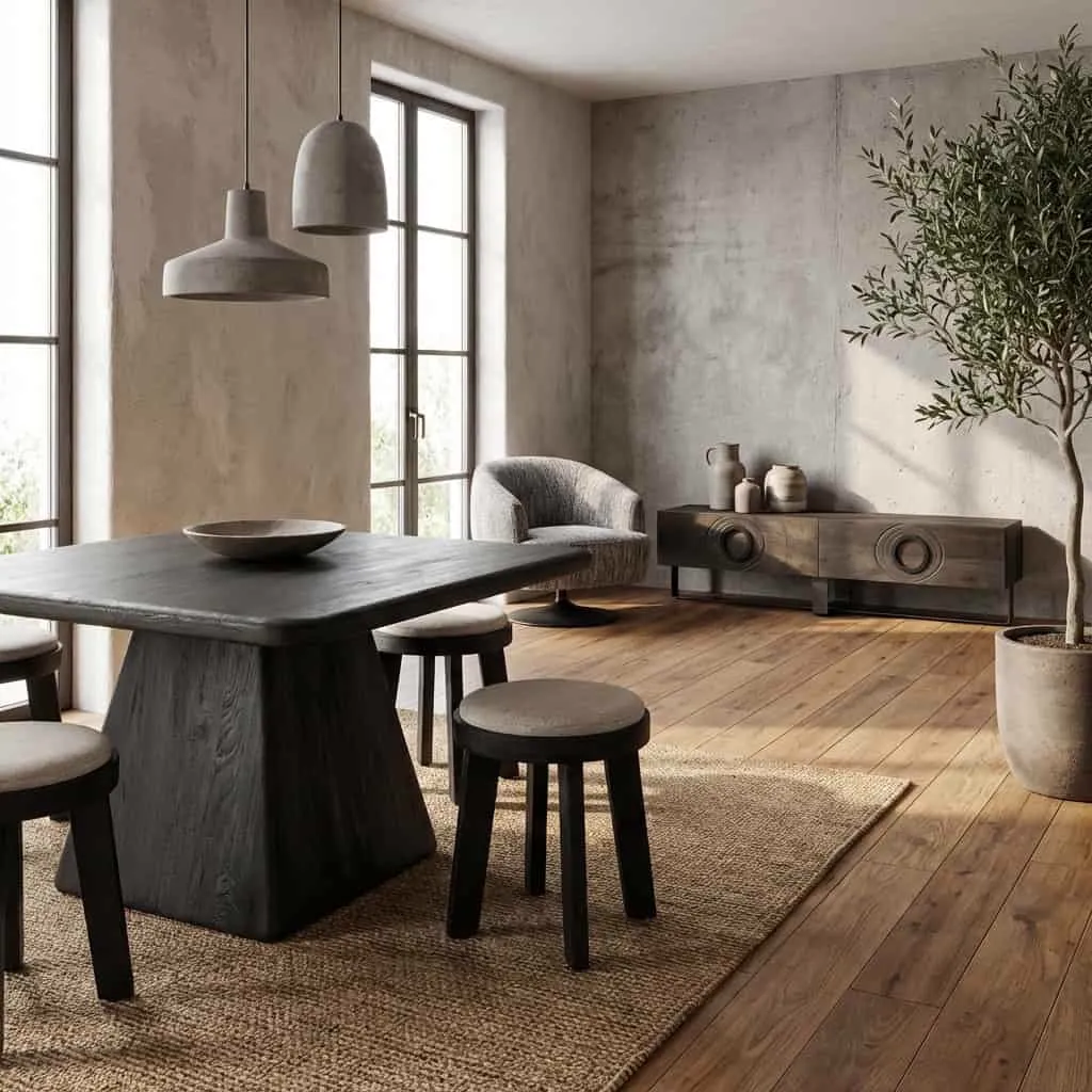 Der Asti Esstisch quadratisch schwarz 150 cm in einem stimmungsvollen Esszimmer mit Hockern und Teppich - Tower Living