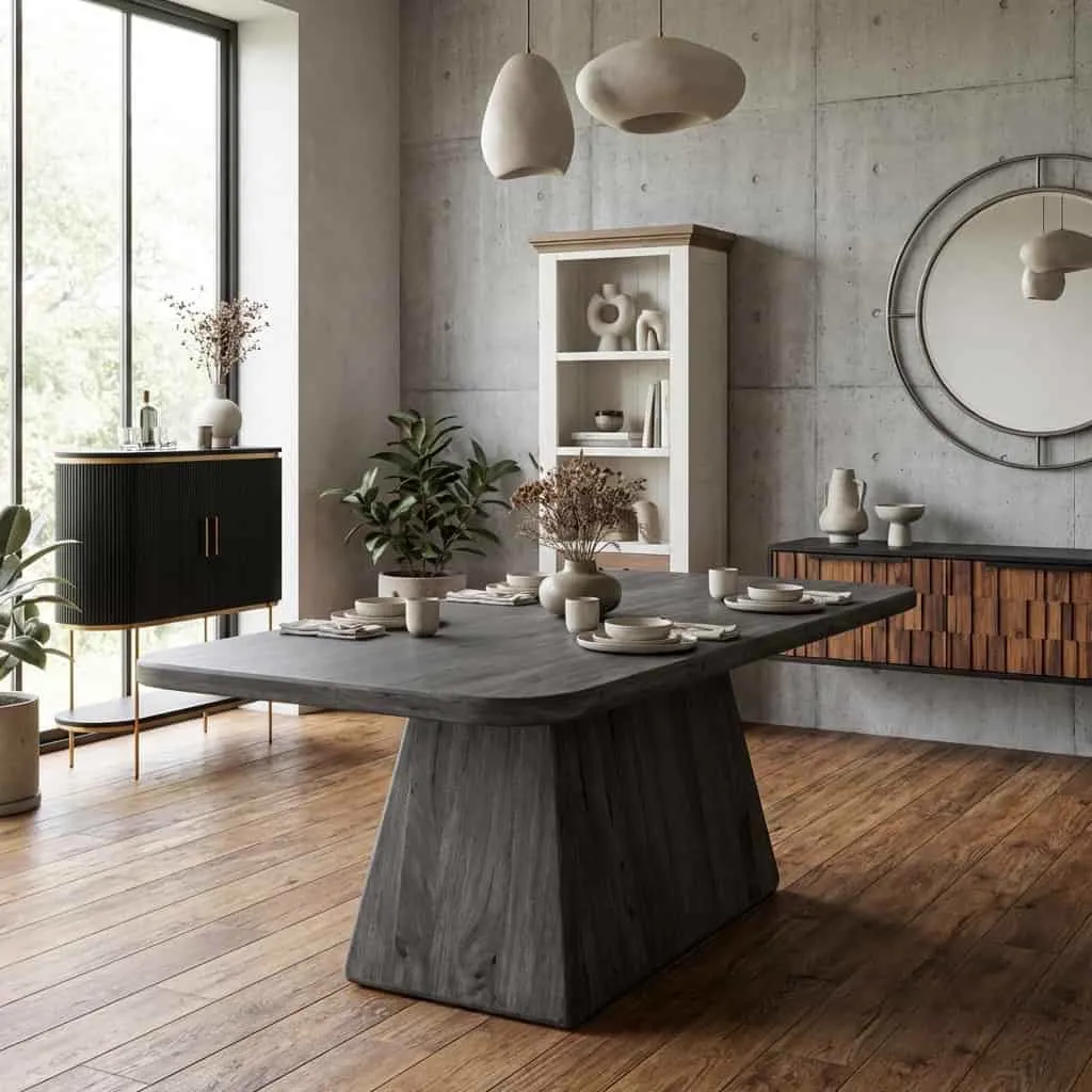 Der Asti Esstisch schwarz 220 cm in einem stimmungsvollen Esszimmer mit Holzboden und Betonwand - Tower Living