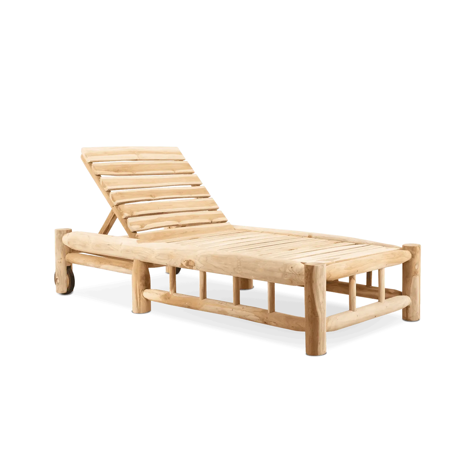 Relaxliege mit Rollen Barney Teak, schräg von vorne fotografiert auf grün gestreiftem Hintergrund - Benoa