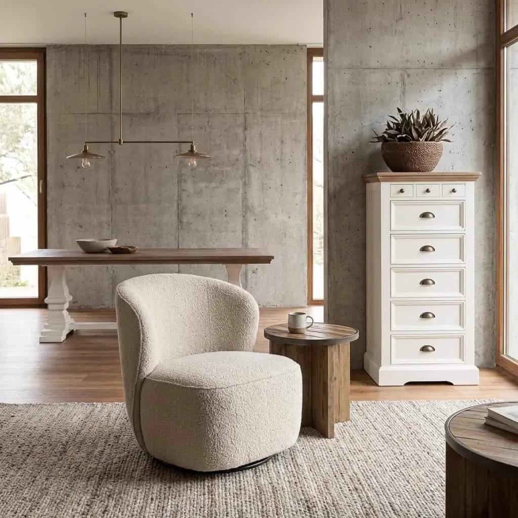 Der Belvi Sessel - Stoff AJ3019-08 Creme (drehbar) in einem modernen Wohnzimmer mit Betonwänden und Holzakzenten - Tower Living