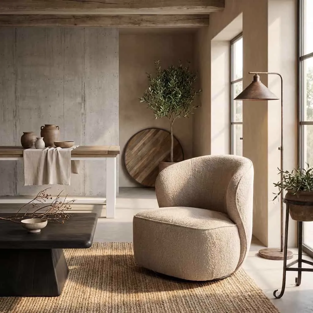 Der Belvi Sessel in einem hellen, minimalistischen Wohnzimmer mit Holzbalken und großen Fenstern - Tower Living