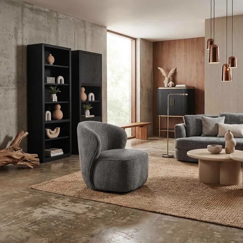 Der Belvi Sessel - Stoff AJ3019-20 Dunkelgrau (drehbar) in einem modernen Wohnzimmer mit Sofa und Couchtisch - Tower Living