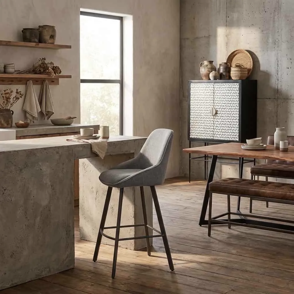 De Borgo Barstoel - Bjorn 19 anthracite staat aan een betonnen kookeiland in een moderne keuken - Tower Living
