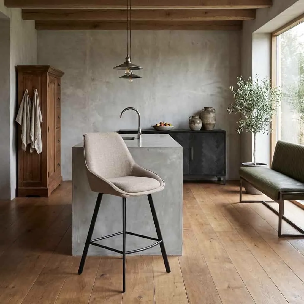 De Borgo Barstoel - Bjorn 34 beige-grey staat aan een betonnen kookeiland in een moderne keuken - Tower Living