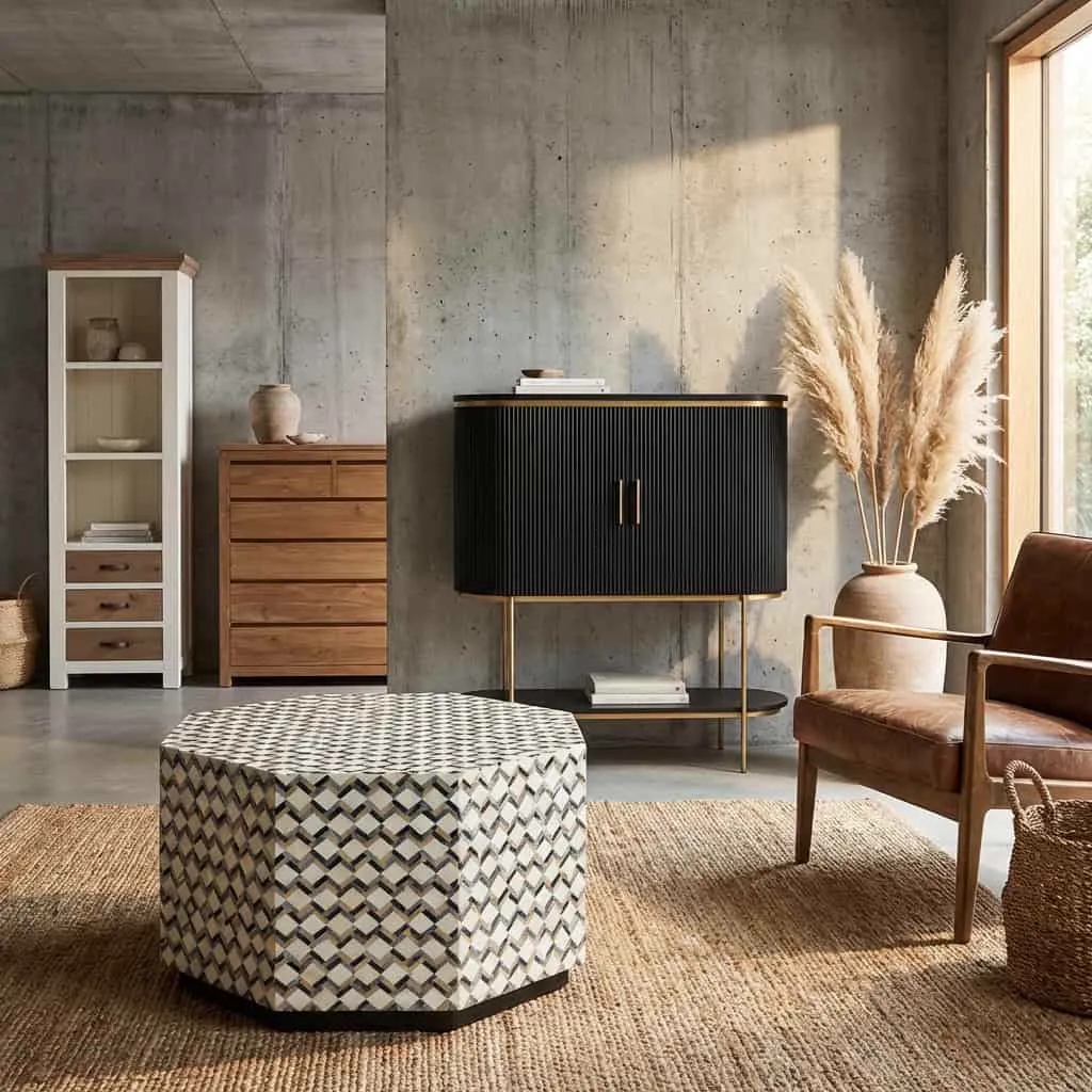 Brendola Beistelltisch 60 cm mit Muster in einem modernen Wohnzimmer auf einem Jute-Teppich - Tower Living