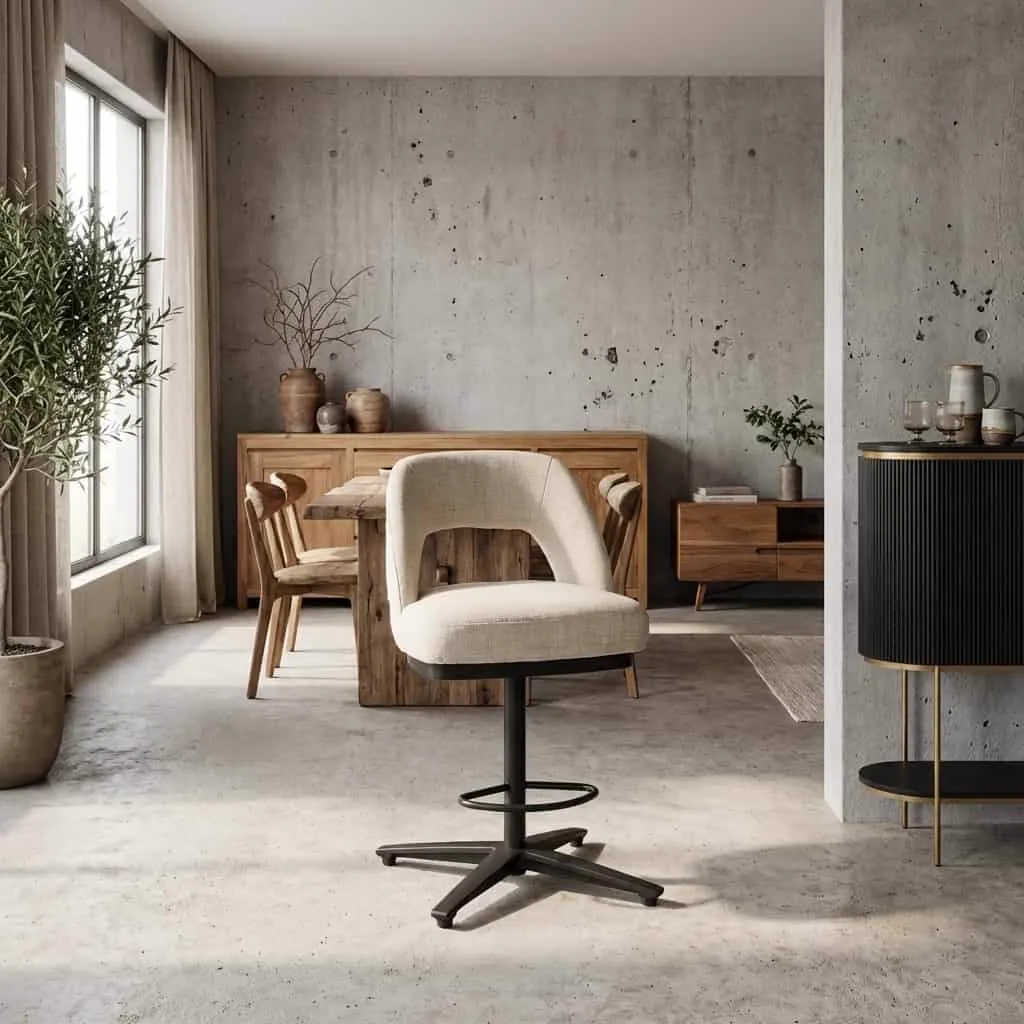 De Caldes Barstoel in off-white stof, draaibaar, staat centraal in een moderne woonkamer met houten meubels - Tower Living