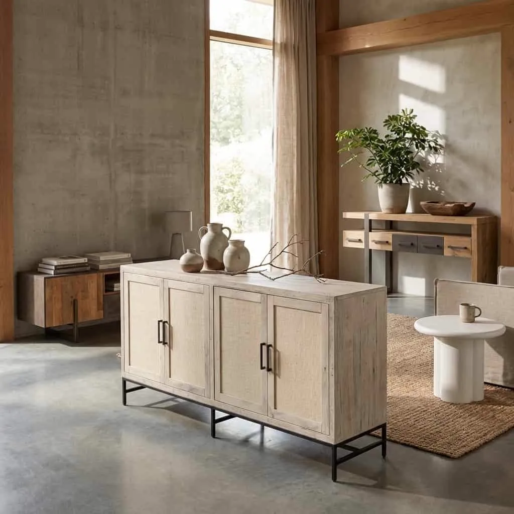 Carini Dressoir gebroken wit 200 cm in een sfeervolle woonkamer met planten en een vloerkleed - Tower Living