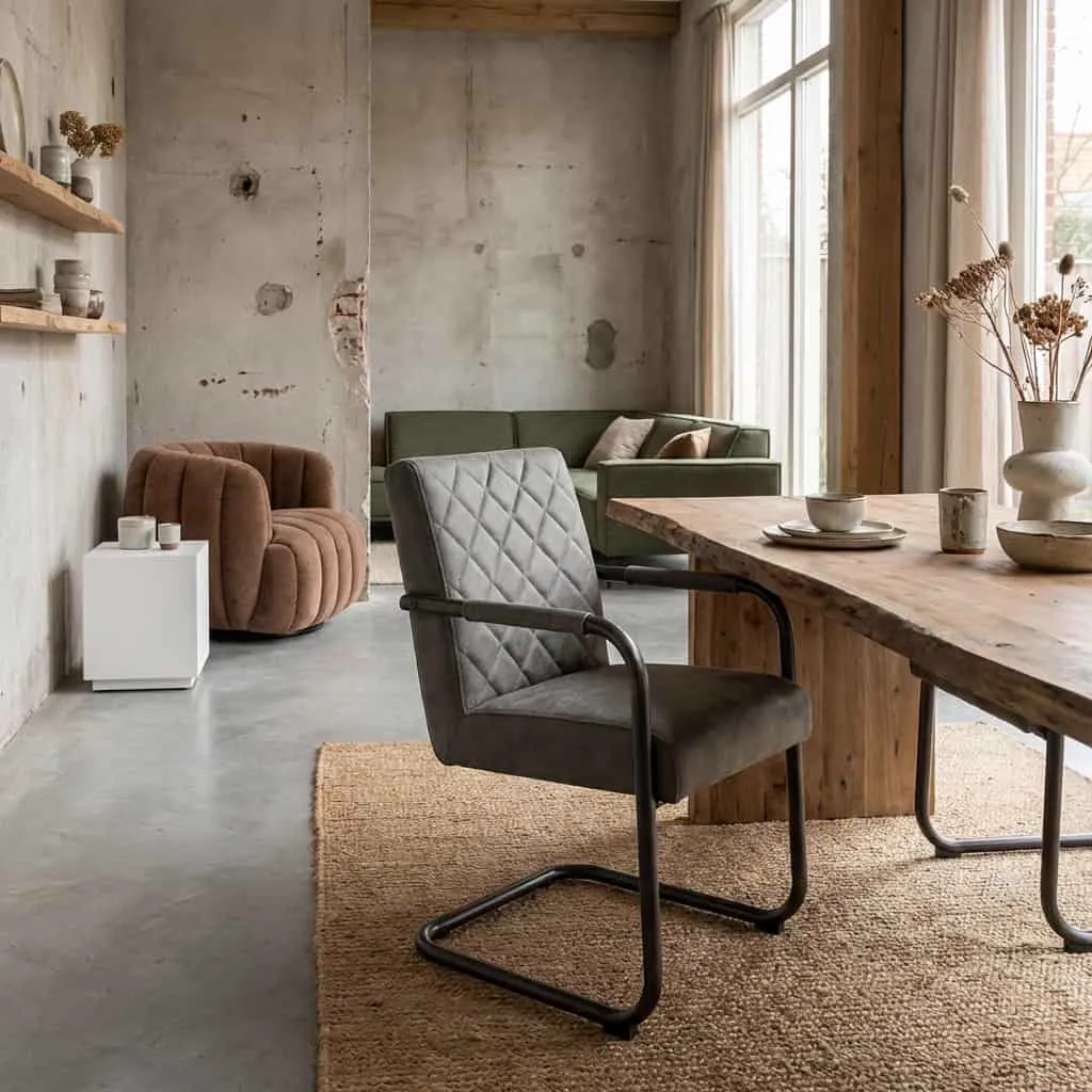 Der Civo Sessel - Bull Anthrazit in einem industriellen Wohnzimmer mit einem Holztisch und einem braunen Sessel - Tower Living