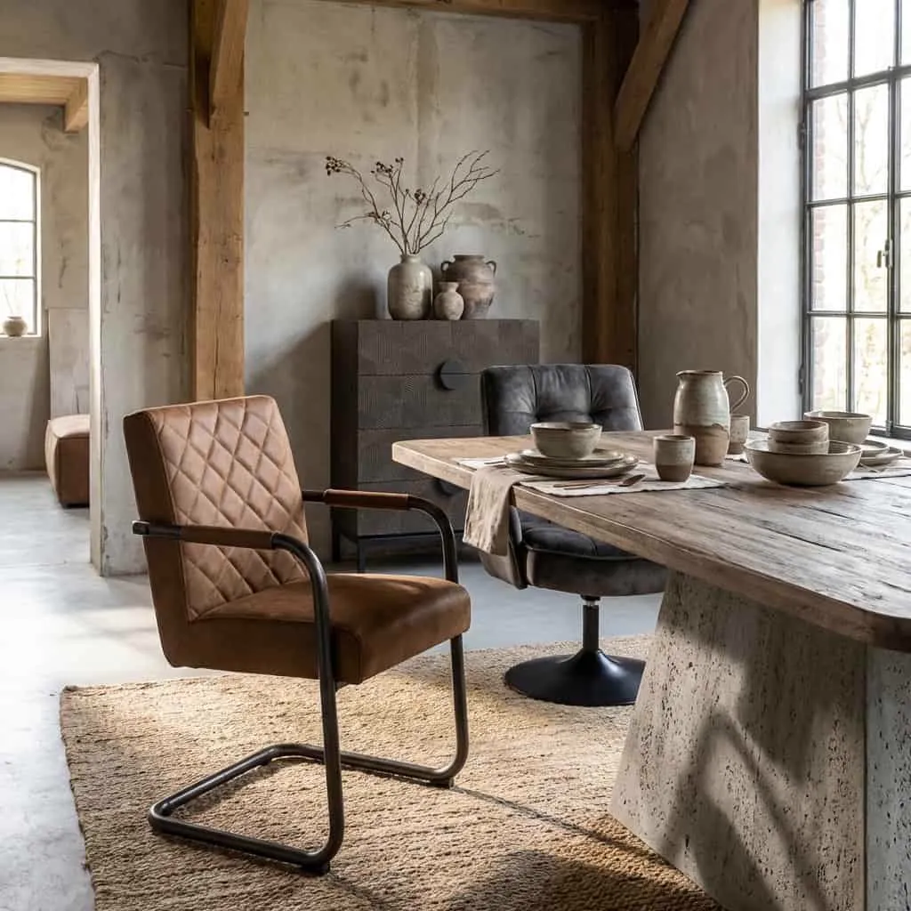 Civo Armstuhl in Cognac-Leder mit Metallgestell, auf einem Teppich in einem industriellen Esszimmer stehend - Tower Living