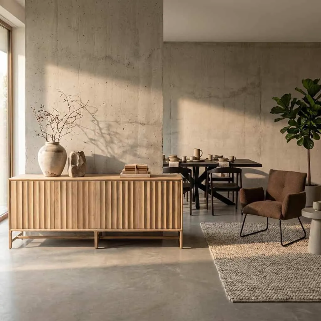 Das Crotone Sideboard 220 cm in einem stimmungsvollen Wohnzimmer mit Betonwänden und Esstisch - Tower Living