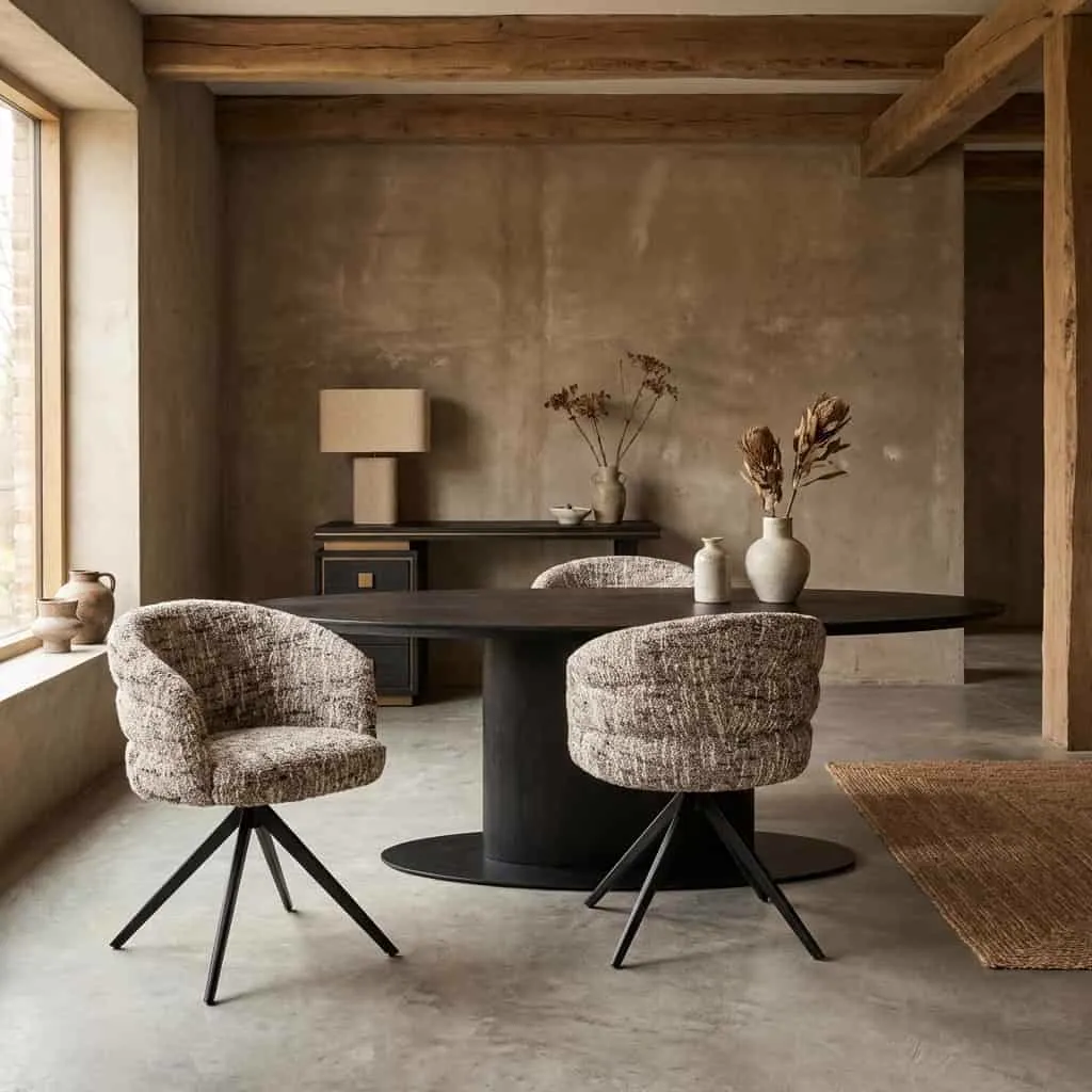 Der Esszimmerstuhl Serenity brown omara swivel fire retardant in einem Esszimmer mit dunklem Esstisch und beigefarbenen Wänden - Richmond Interiors