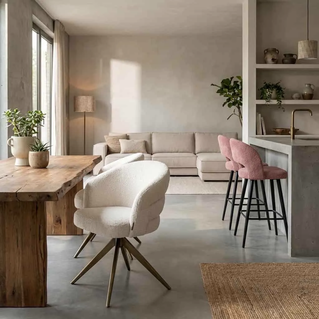 Esszimmerstuhl Zendaya an einem Holztisch in einem hellen Wohnzimmer mit Couch und Barhockern - Richmond Interiors