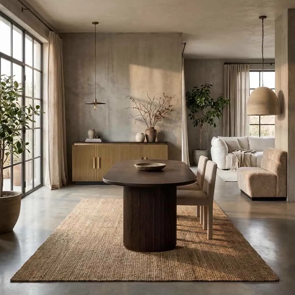 Der Esstisch Kingston braun 280 in einem modernen Interieur mit Jute-Teppich und Pflanzen - Richmond Interiors