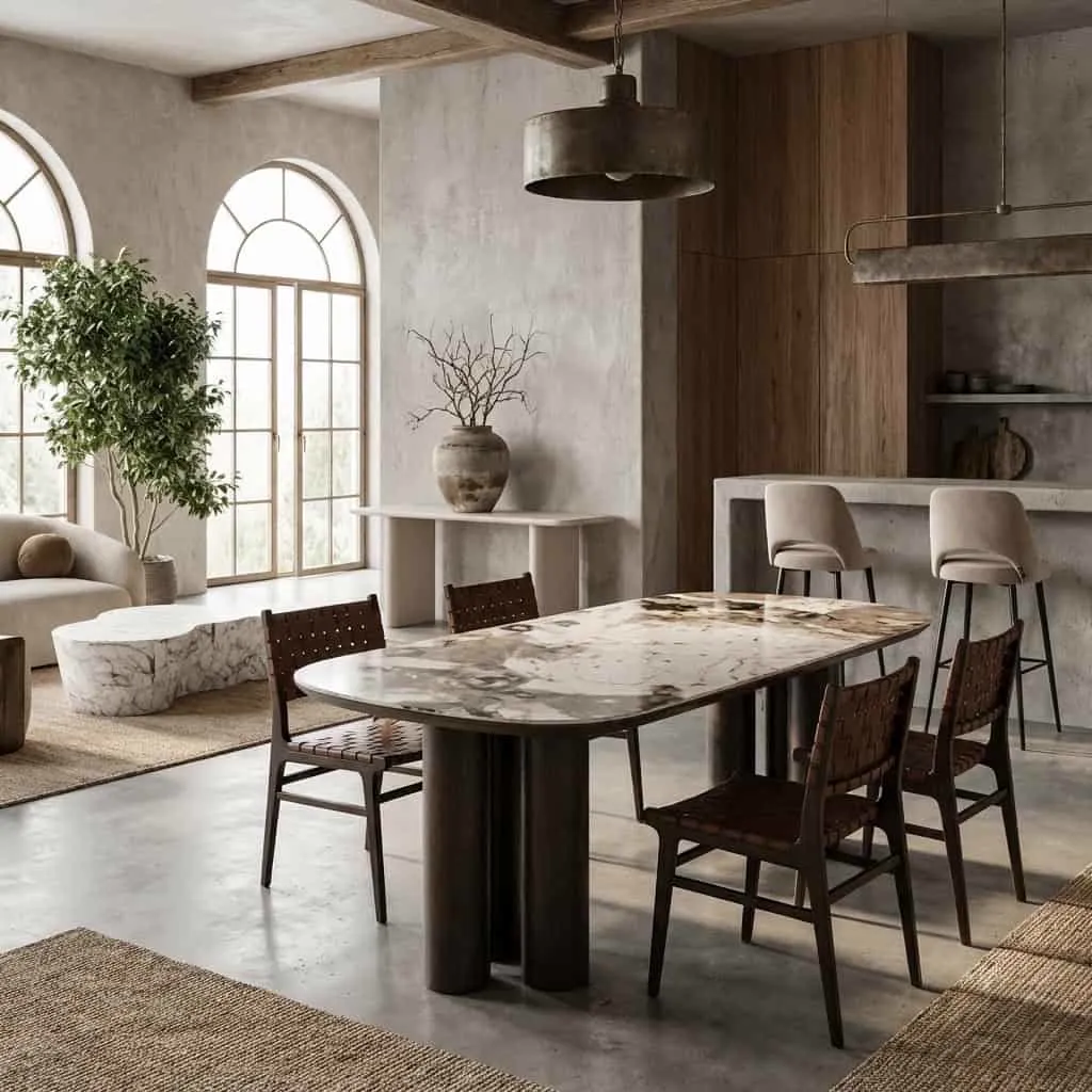 Der Esstisch Langford braun 230 in einem modernen Wohnzimmer mit großen Fenstern und einer Bar - Richmond Interiors