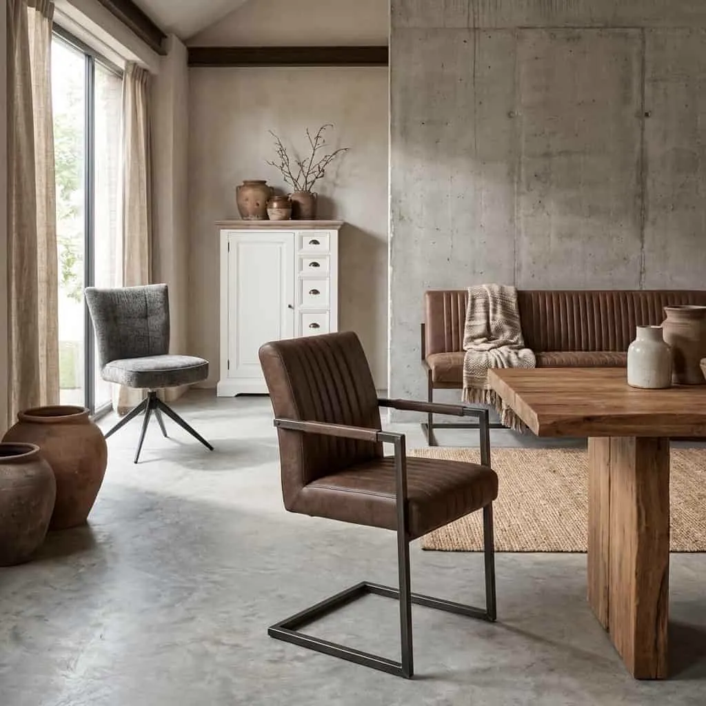 Der Ferro Sessel - Stoff Savannah dunkelbraun steht in einem industriellen Wohnzimmer mit einem Holztisch - Tower Living