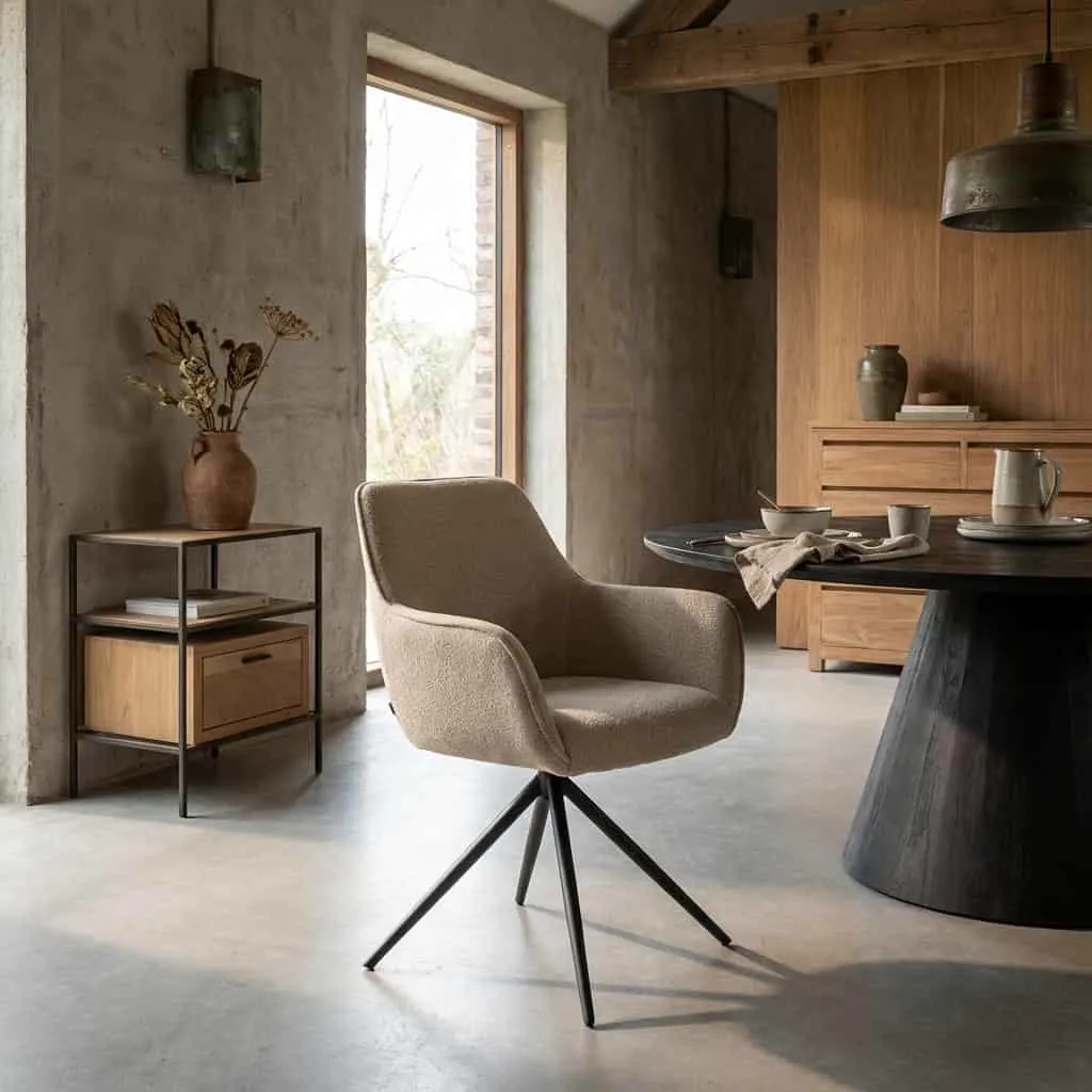 Fondo Armstuhl aus Stoff Mona 120 Taupe, drehbar, in einer stimmungsvollen Wohnzimmerumgebung - Tower Living