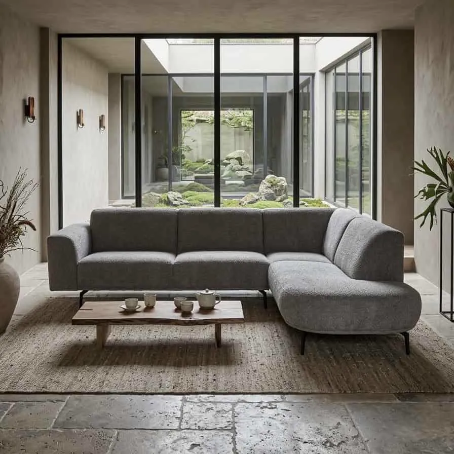 Ecksofa Shadow in einem modernen Wohnzimmer mit einem Couchtisch aus Holz und Blick auf einen Innenhof - Het Anker