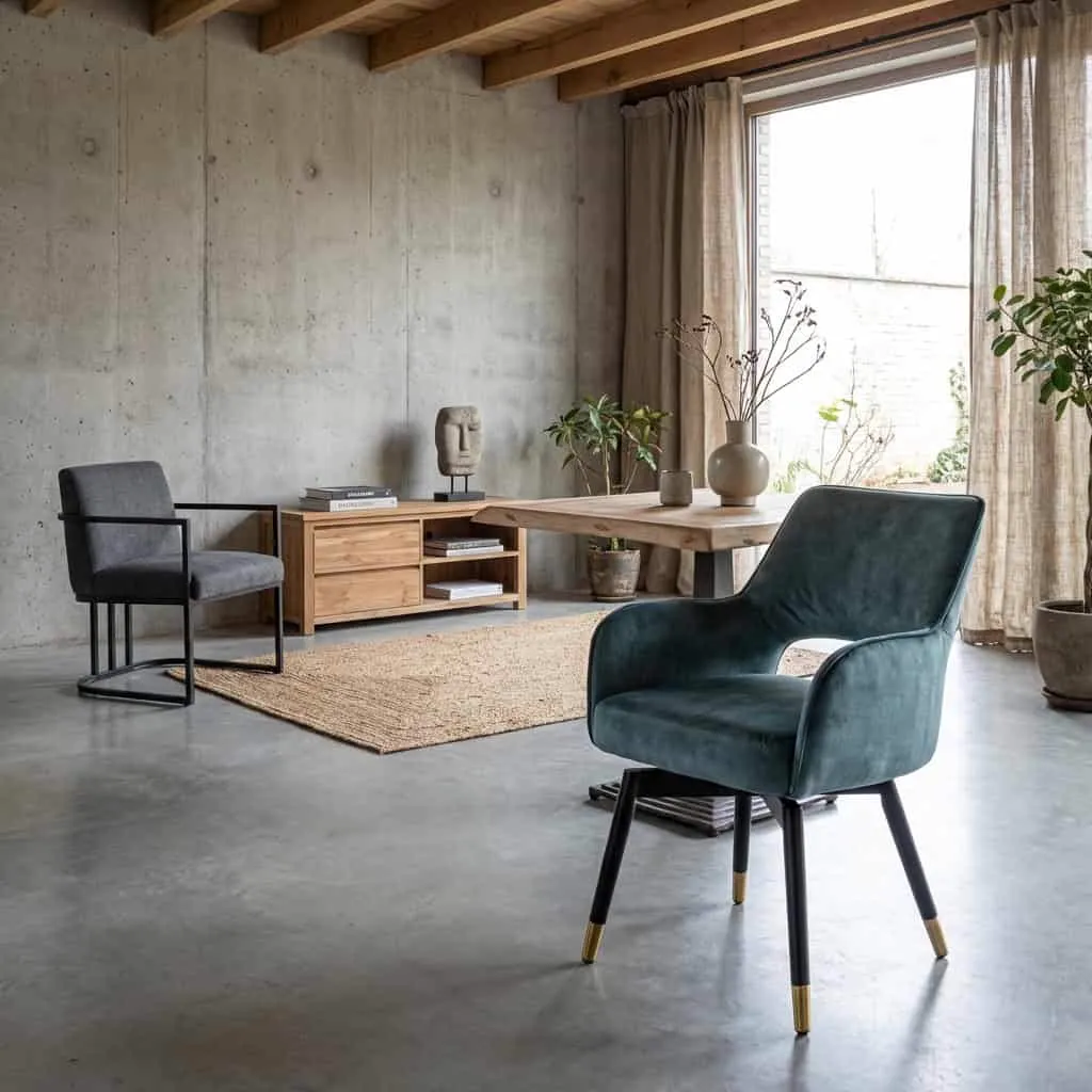 Der Lenno Armstuhl - Stoff Adore 31 Grey blue (drehbar) in einem modernen Wohnzimmer mit Betonwänden und Holzdetails - Tower Living
