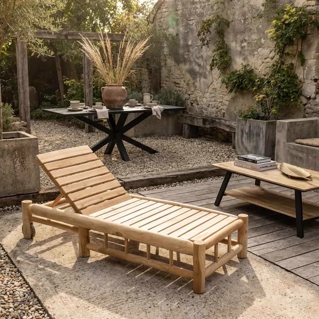 Relaxliege mit Rollen Barney Teak in einem Garten mit Kies und Holzterrassen, mit Esstisch und Couchtisch - Benoa