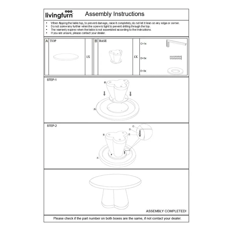 Montageanleitung für den Couchtisch Brix Clubs Sandy 80cm mit Schritten und Teilen