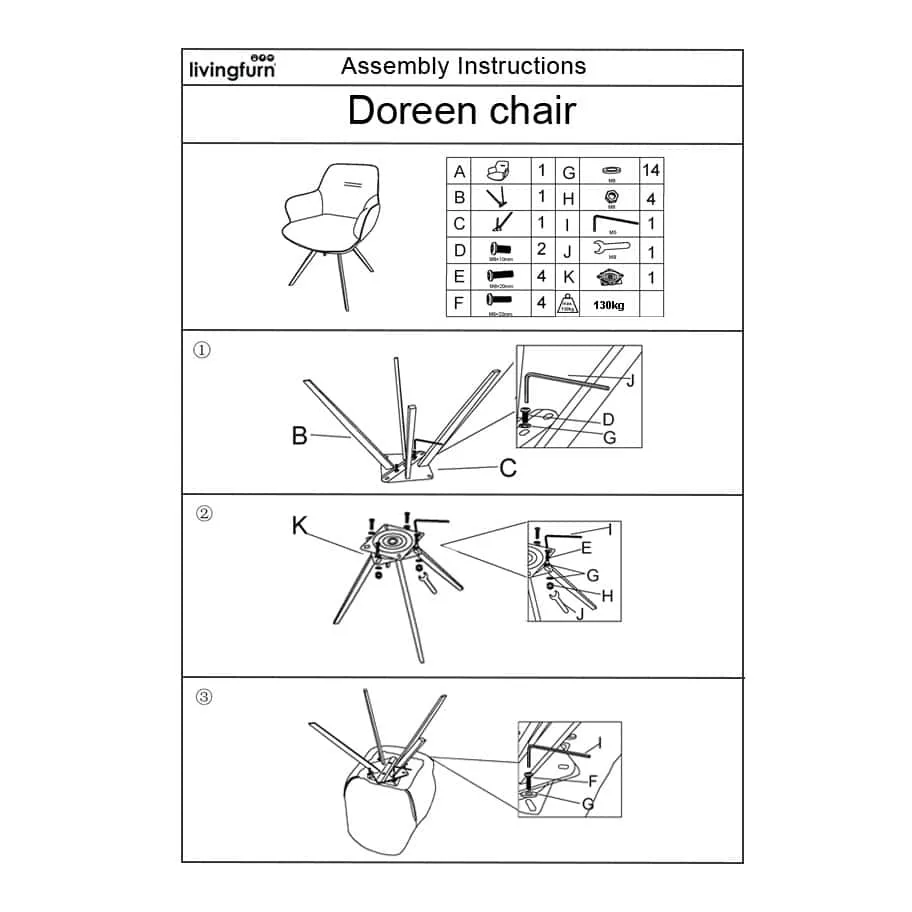 Montageanleitung für den Doreen Boucle Weiß Stuhl, mit einer Übersicht der Teile und Schritte - Livingfurn