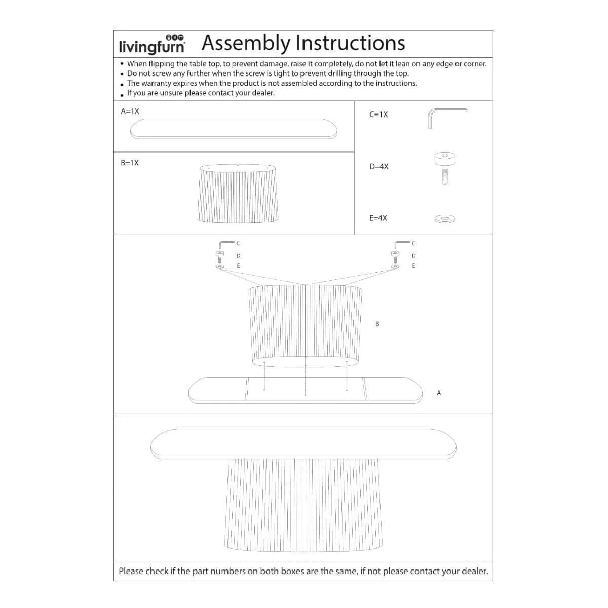 Livingfurn montage-instructies voor de Sidetable Salvator Walnut 140cm met onderdelen en stappen