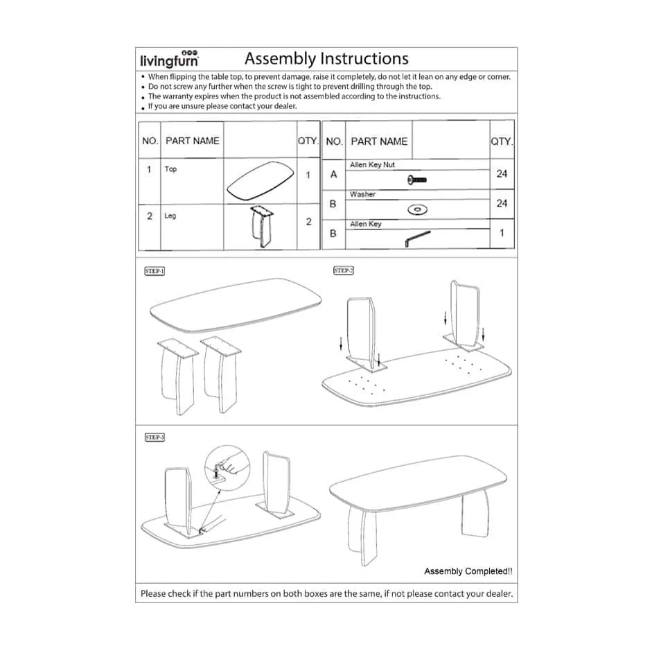Montageanleitung und Teileliste für den Esstisch Trevor 220cm, mit Schritt-für-Schritt-Abbildungen - Livingfurn
