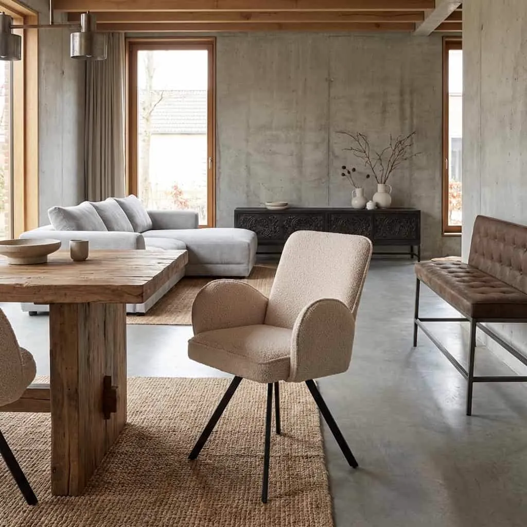 Der Livo Armstuhl - Stoff Ascot 12 Beige (drehbar) steht in einem Wohnzimmer mit einem Holztisch und einer Bank - Tower Living
