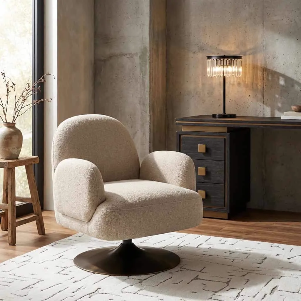 Loungesessel Kagney biscotti swivel in einem modernen Wohnzimmer mit Betonwänden und einem Schreibtisch - Richmond Interiors