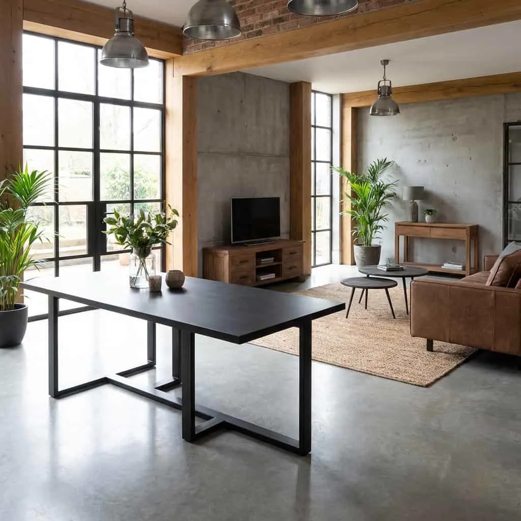 Der Mincio Esstisch 200 cm in einem industriellen Wohnzimmer mit braunem Sofa und Pflanzen - Tower Living