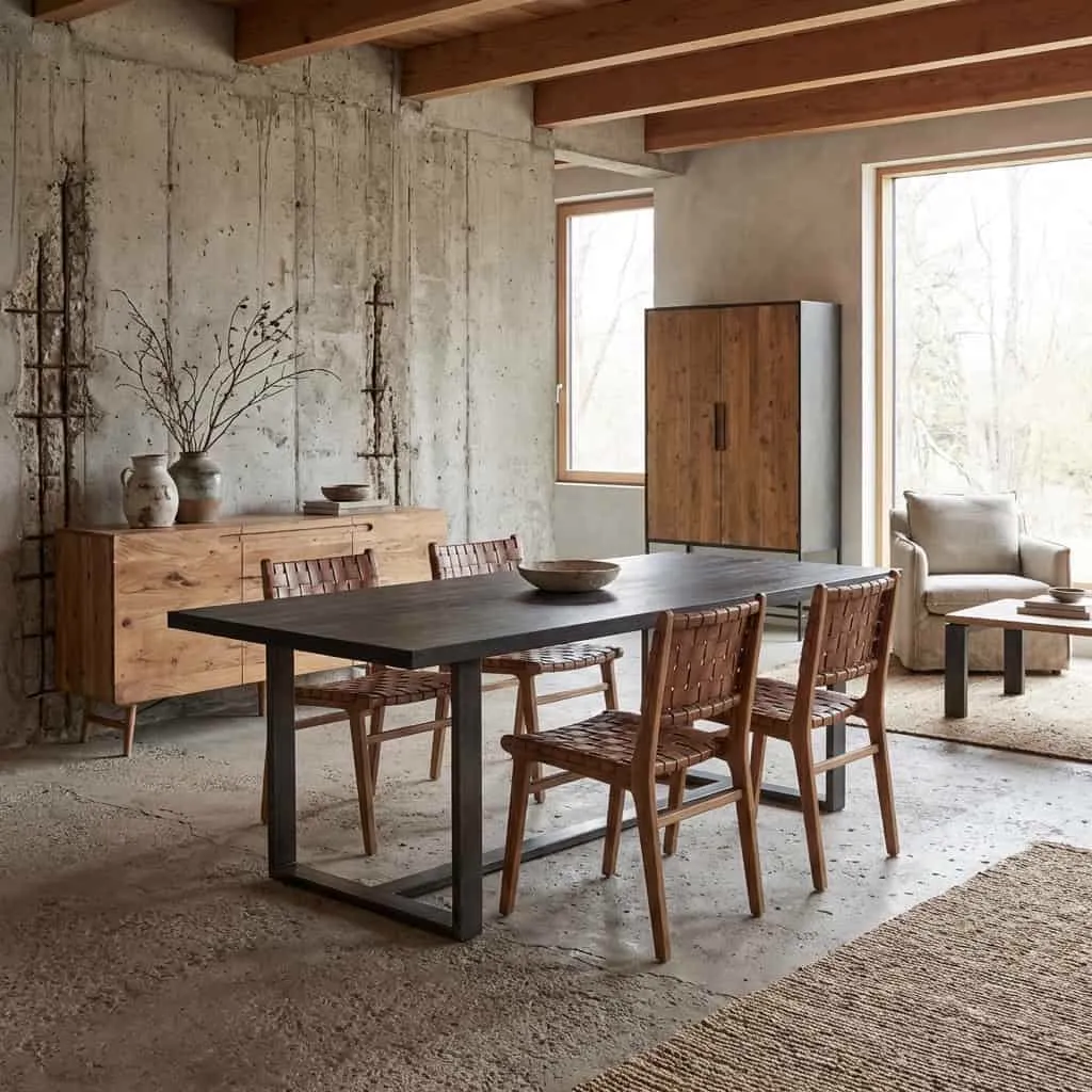 Der Mincio Esstisch 220 cm in einem industriellen Esszimmer mit Holzstühlen und Sideboard - Tower Living