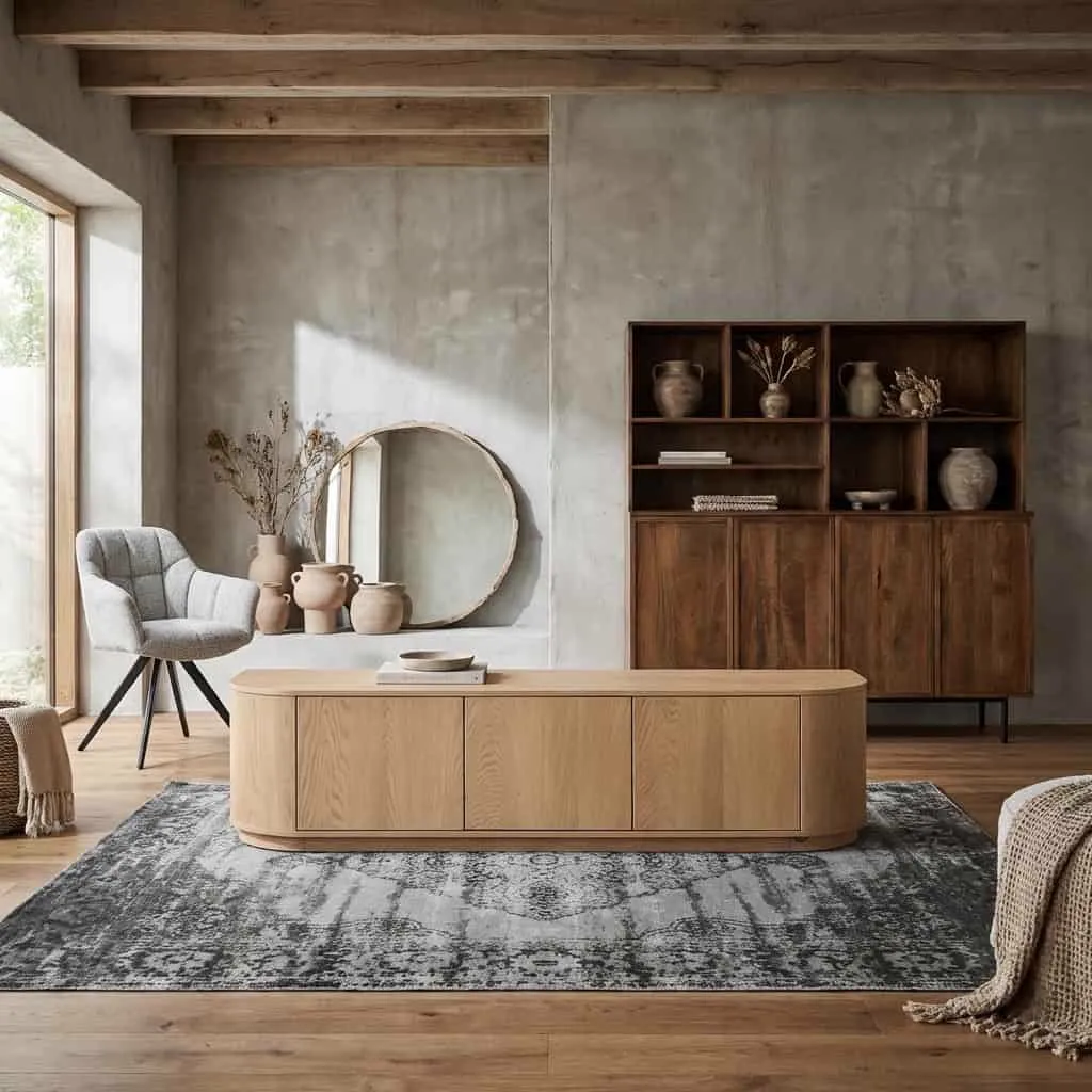 Livingfurn TV meubel Novero 180cm in een sfeervolle woonkamer met een spiegel en een fauteuil