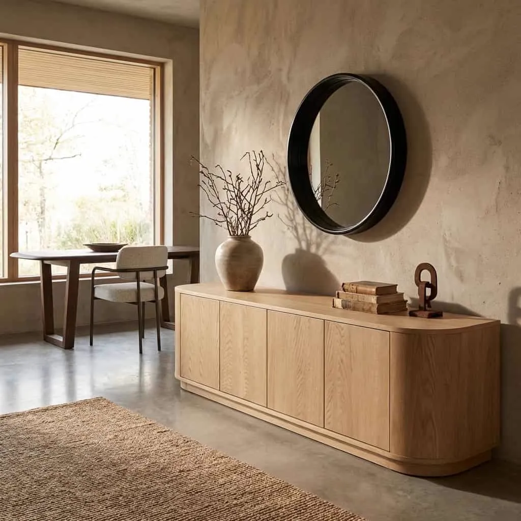 TV meubel Novero 220cm in een sfeervolle woonkamer met spiegel en decoratie - Livingfurn