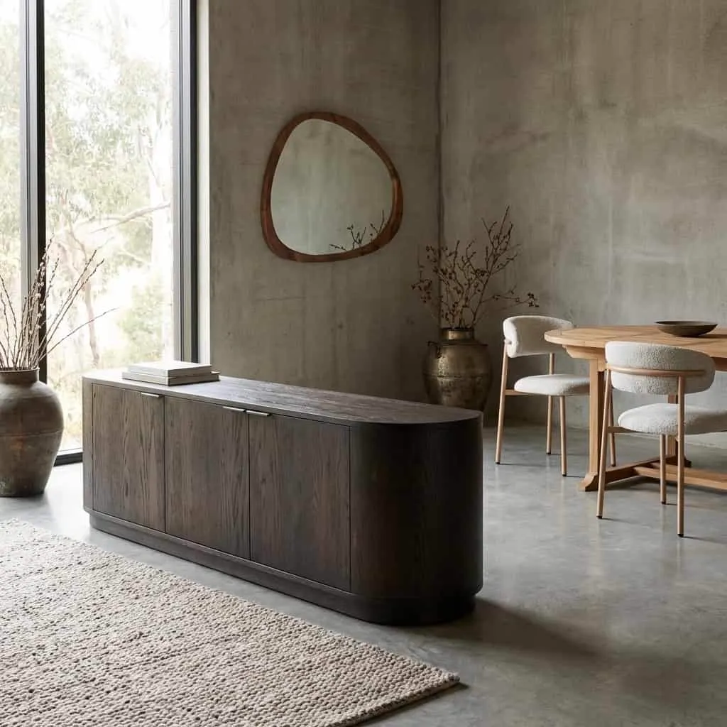 TV meubel Novero Espresso 180cm in een moderne woonkamer met betonnen muren en een vloerkleed - Livingfurn