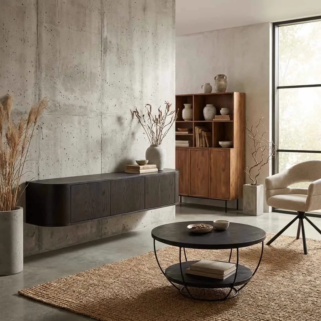 Das TV-Möbel Novero Espresso Schwebend 180cm in einem modernen Wohnzimmer mit Betonwand und Holzschrank - Livingfurn