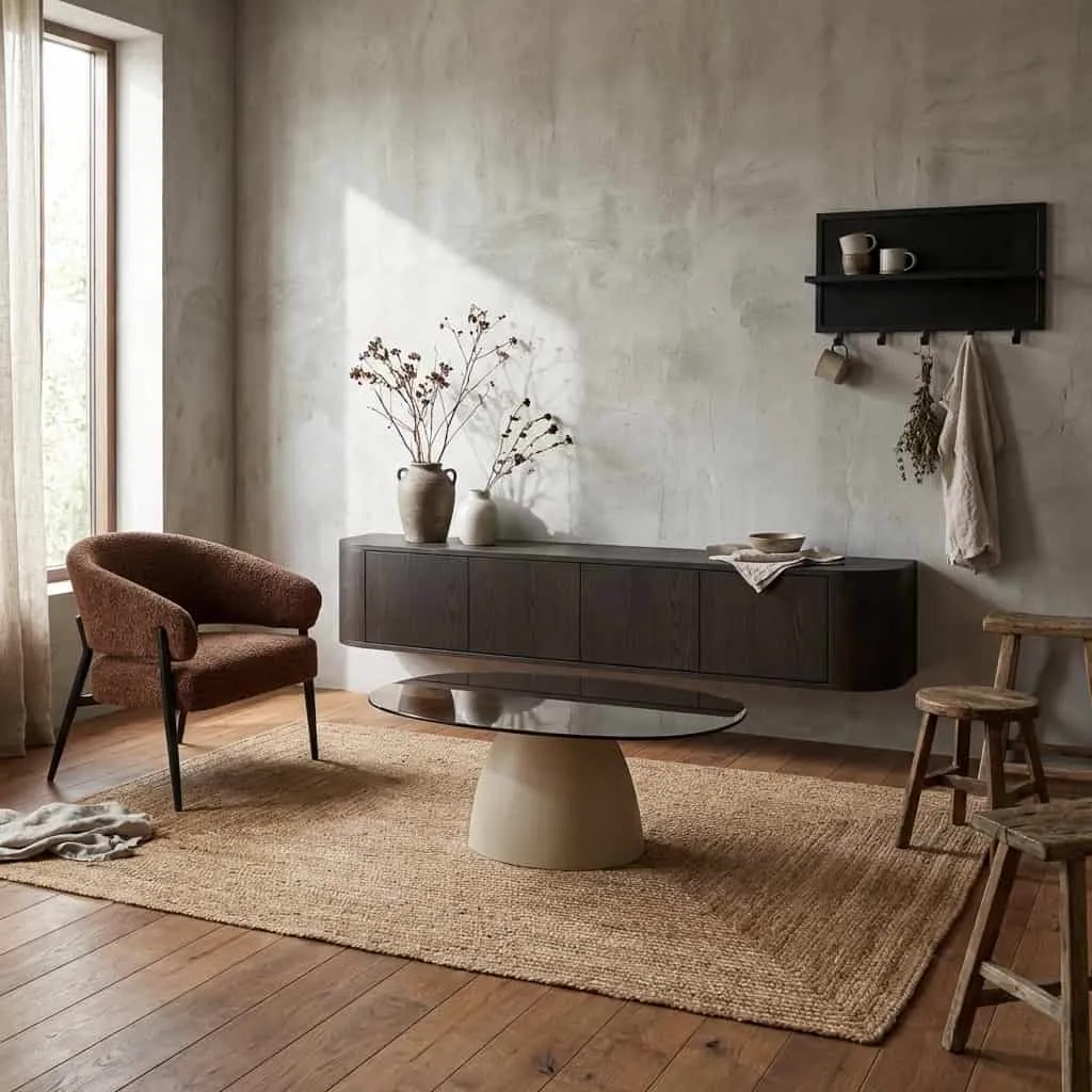 TV-Möbel Novero Espresso Schwebend 220cm in einem stilvollen Wohnzimmer mit braunem Sessel und Jute-Teppich - Livingfurn