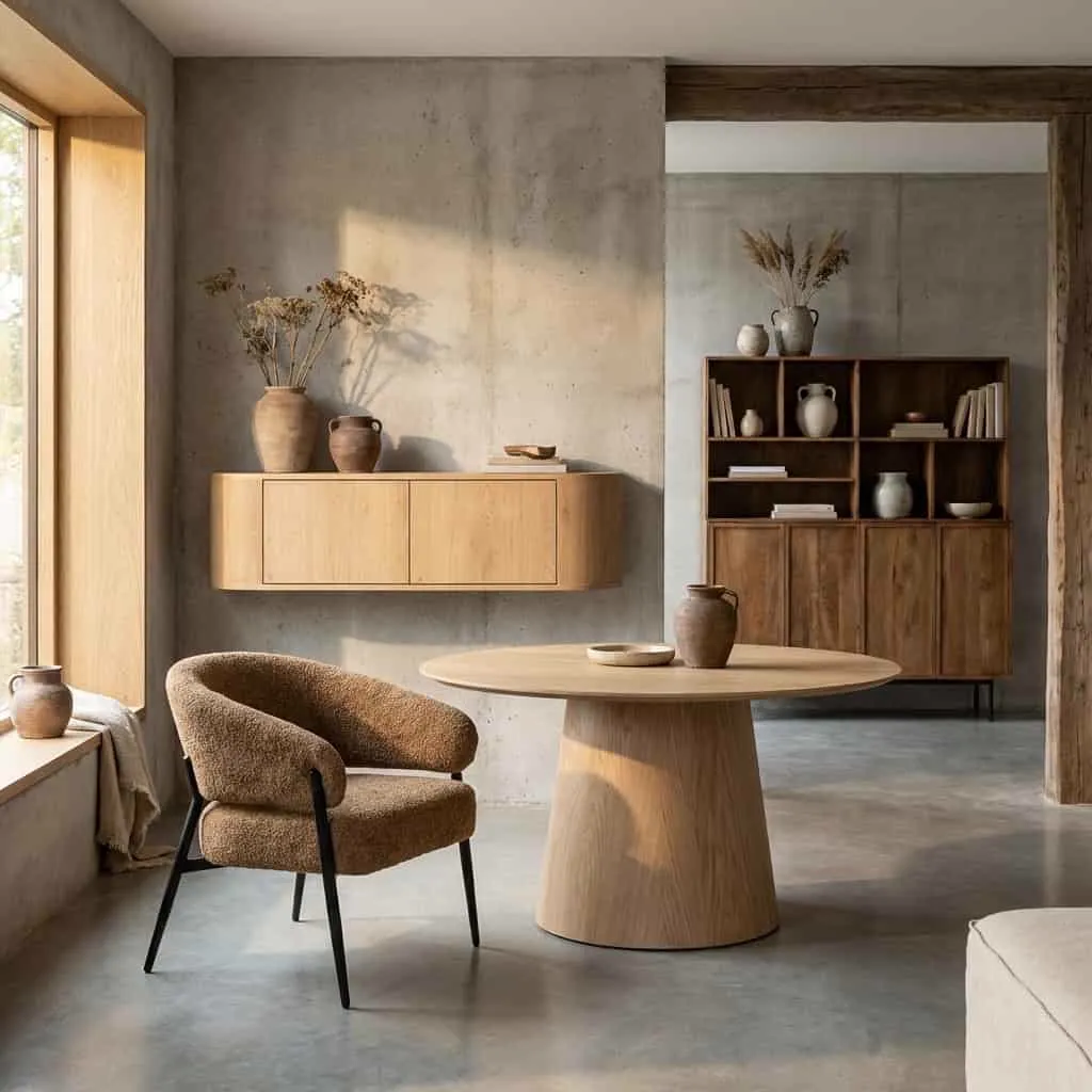 TV-Möbel Novero Schwebend 140cm in einem modernen Wohnzimmer mit einem Sessel und einem runden Tisch - Livingfurn