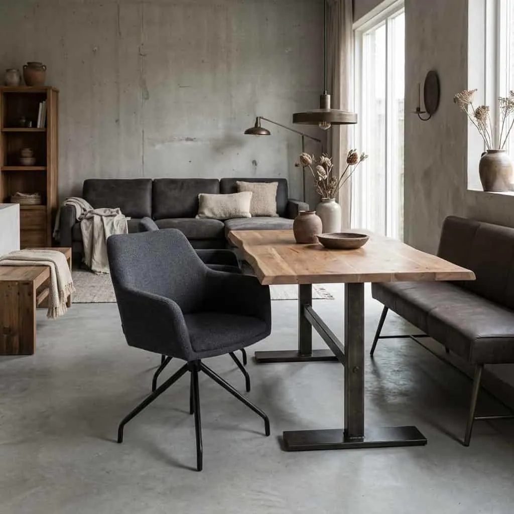 Der Ortana Sessel - Alpine Indigo 90 (drehbar) in einem Wohnzimmer mit Holztisch und Bank - Tower Living
