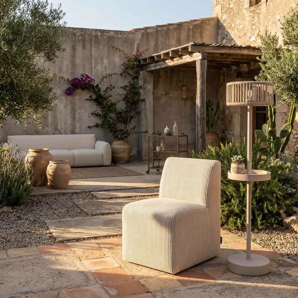 Der Outdoor Essstuhl Riva beige steht auf einer Terrasse mit einem Sofa und Pflanzen im Hintergrund - Richmond Interiors