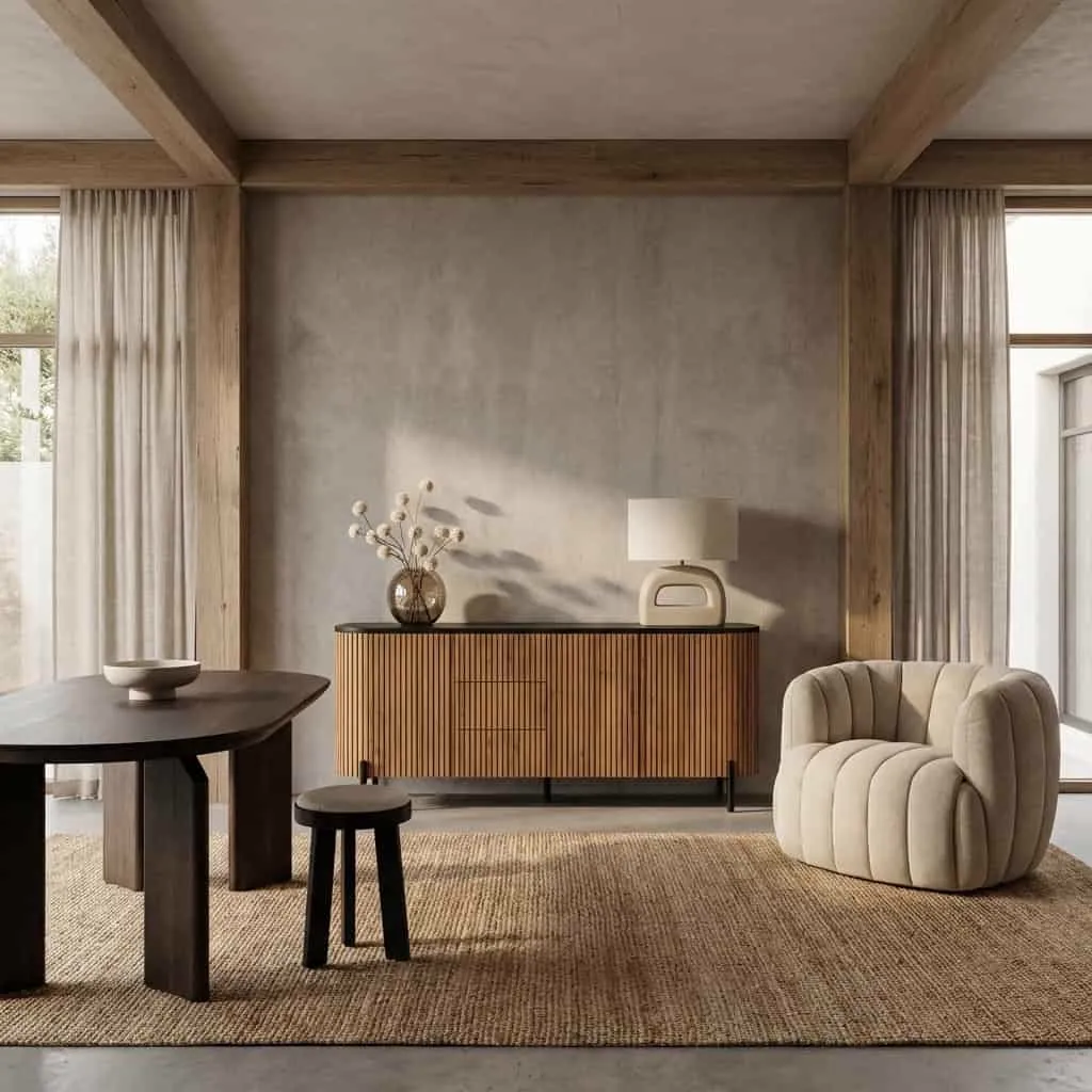 Palazzo Sideboard 200 cm in einem stimmungsvollen Wohnzimmer mit Sessel und Esstisch - Tower Living